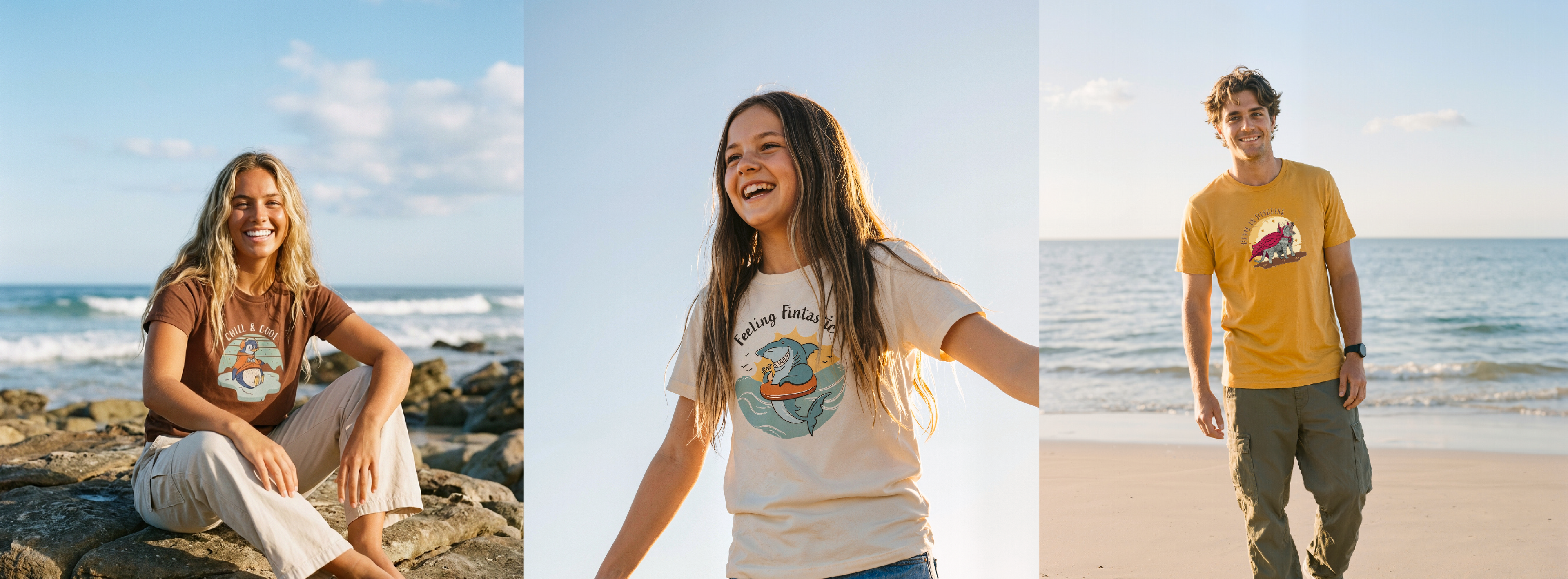 Three people wearing t-shirts with graphic designs on a beach.