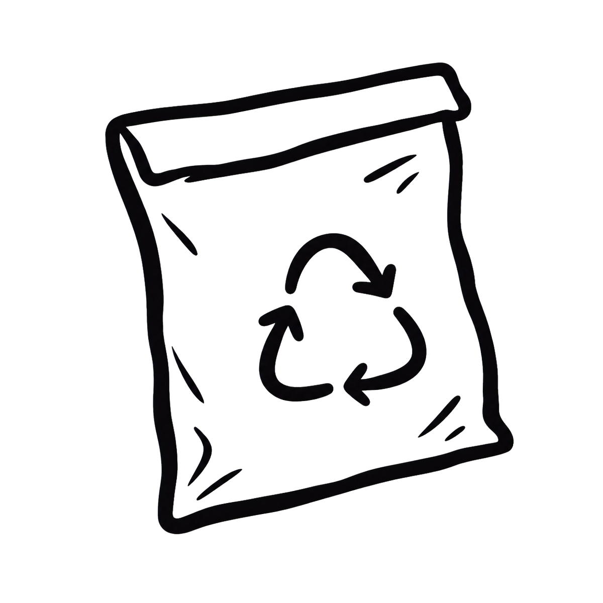 A hand-drawn style icon of a resealable plastic bag with a recycling symbol printed on it