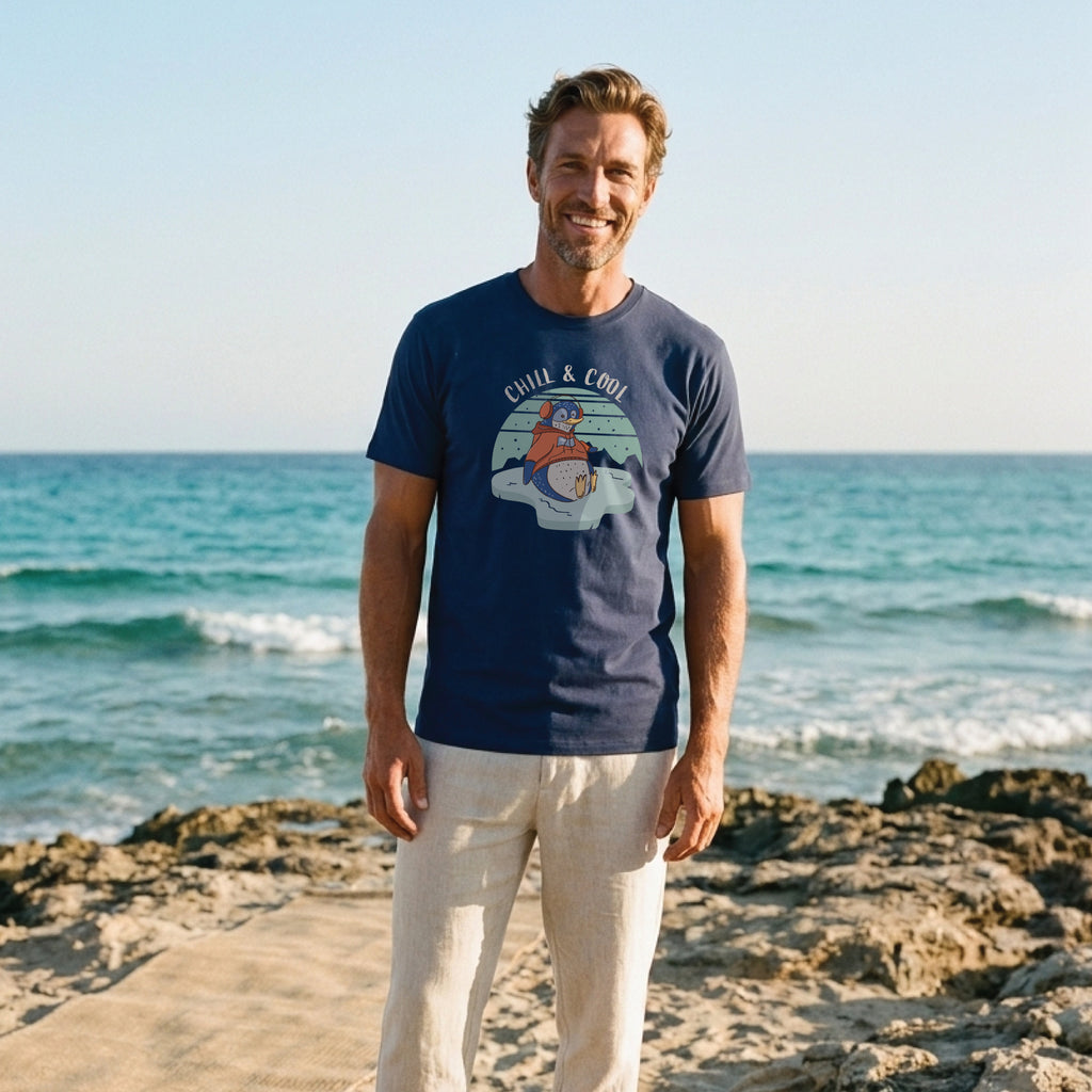 Man wearing a funny penguin t-shirt with hand-drawn Chill and Cool design in cobalt