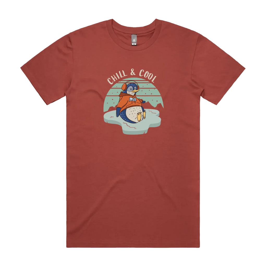 Funny Australian men's coral t-shirt with hand drawn penguin design