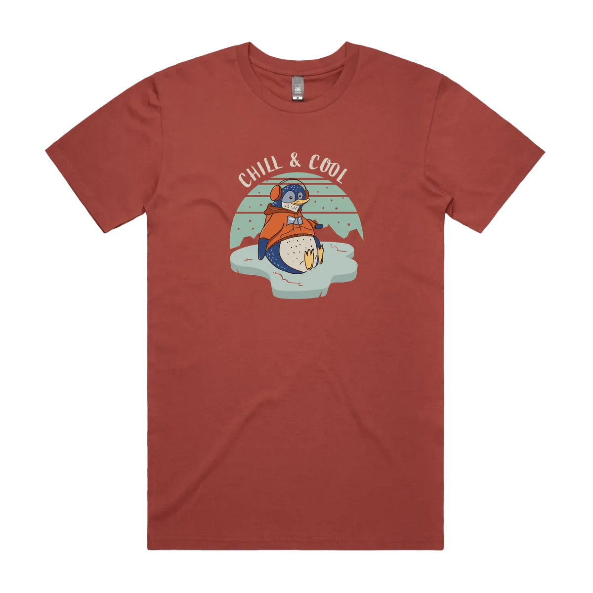 Funny Australian men's coral t-shirt with hand drawn penguin design