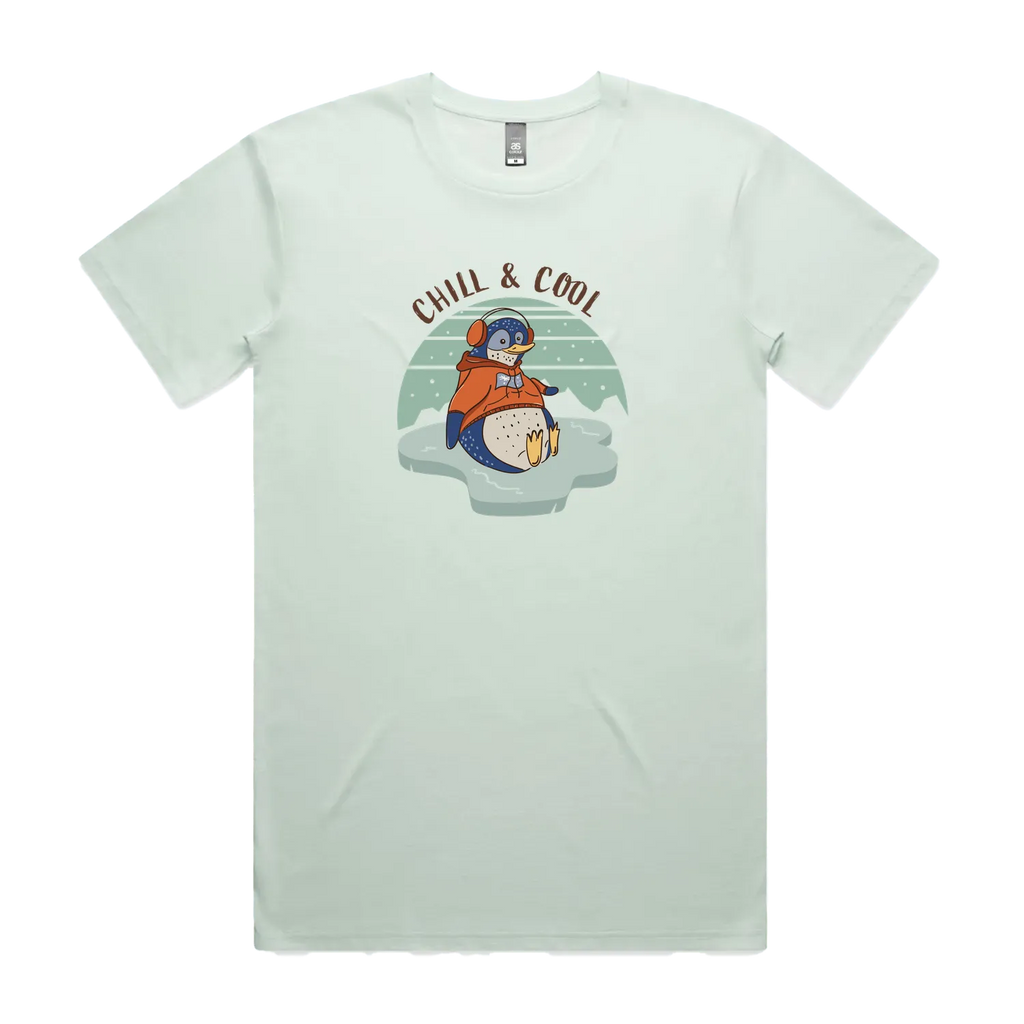 Funny Australian men's seafoam t-shirt with hand drawn penguin design