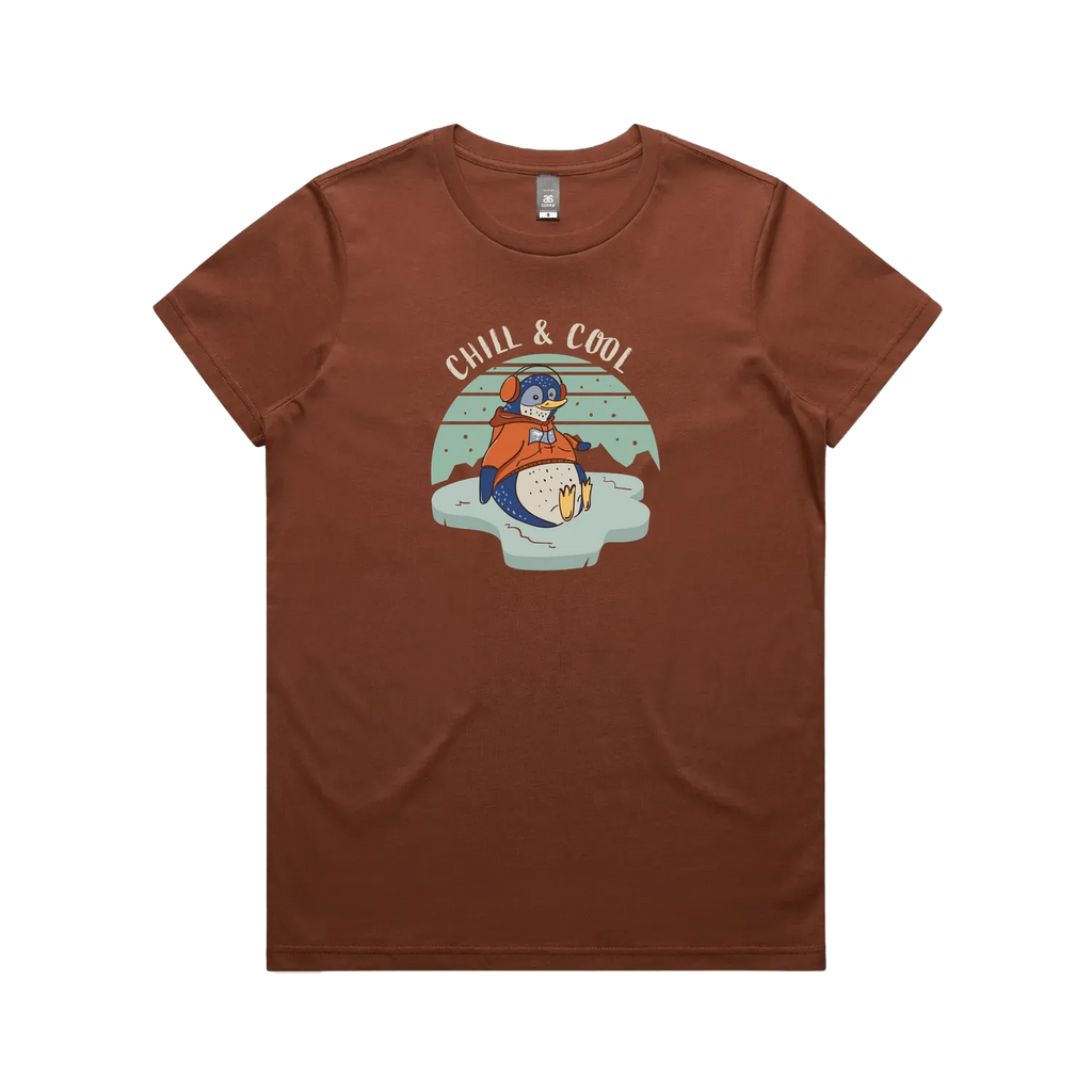 Funny women’s t-shirt with hand-drawn penguin design Chill & Cool