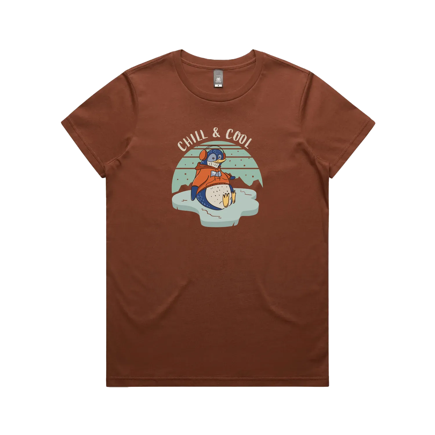 Funny women’s t-shirt with hand-drawn penguin design Chill & Cool