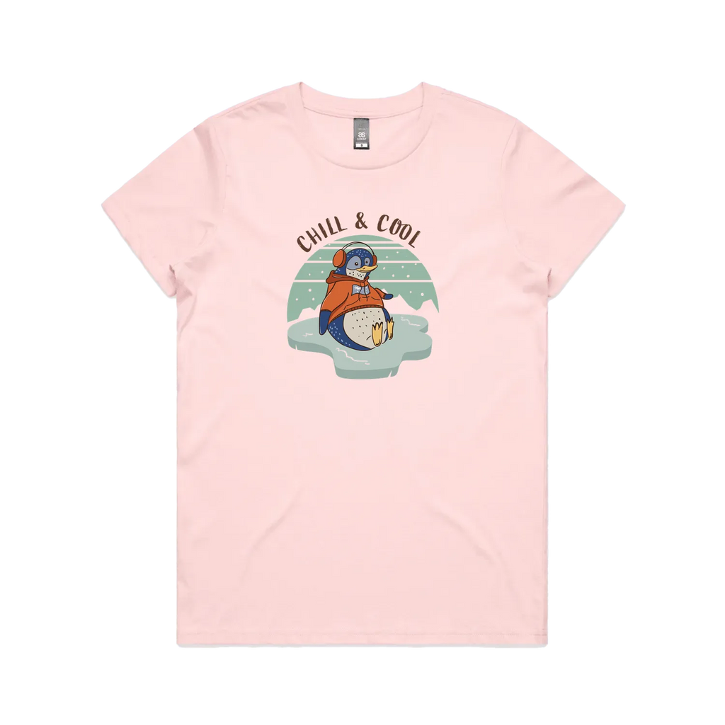 Funny women’s pink t-shirt with hand-drawn penguin design Chill & Cool