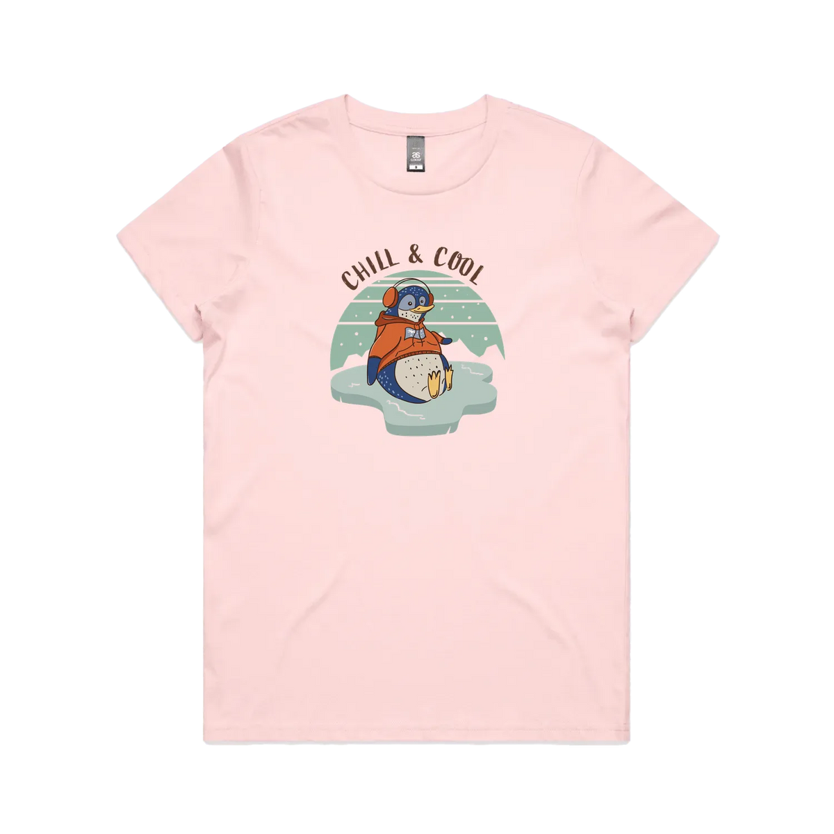 Funny women’s pink t-shirt with hand-drawn penguin design Chill & Cool