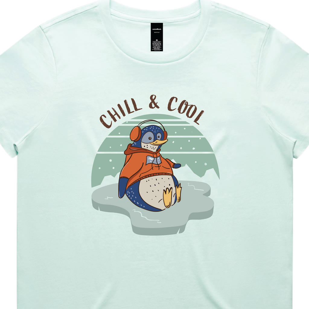 Funny women’s seafoam t-shirt with hand-drawn penguin design Chill & Cool