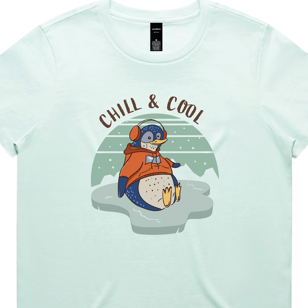 Funny women’s seafoam t-shirt with hand-drawn penguin design Chill & Cool