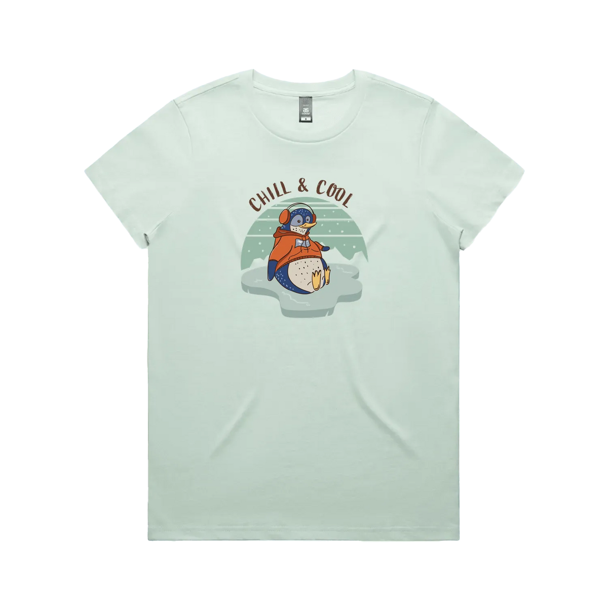 Funny women’s seafoam t-shirt with hand-drawn penguin design Chill & Cool