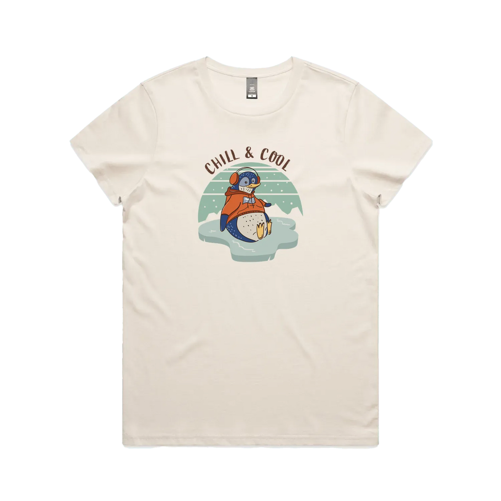 Funny women’s t-shirt with hand-drawn penguin design Chill & Cool