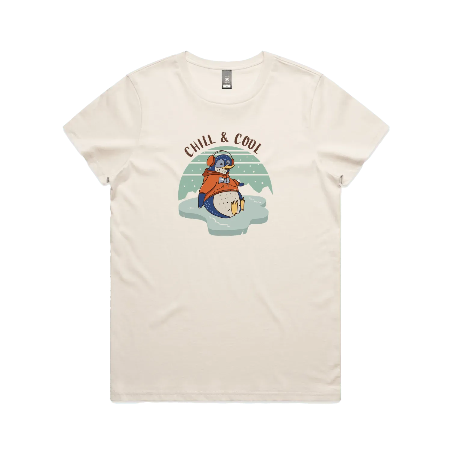 Funny women’s t-shirt with hand-drawn penguin design Chill & Cool