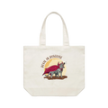 Funny Tasmanian devil tote bag featuring a playful hand-drawn Australian devil design on a cotton shoulder bag by Wooby.