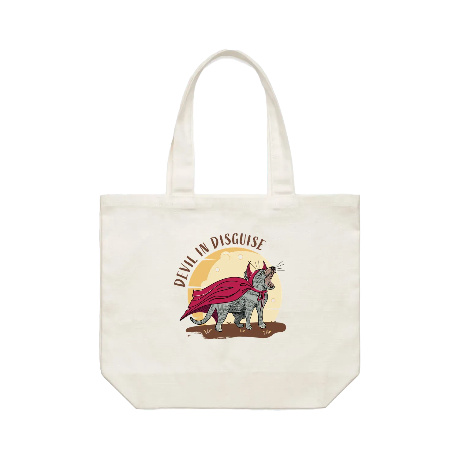 Funny Tasmanian devil tote bag featuring a playful hand-drawn Australian devil design on a cotton shoulder bag by Wooby.