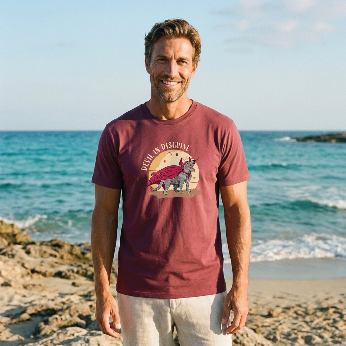 Man wearing a funny Tasmanian Devil t-shirt with hand-drawn Devil in Disguise design in berry
