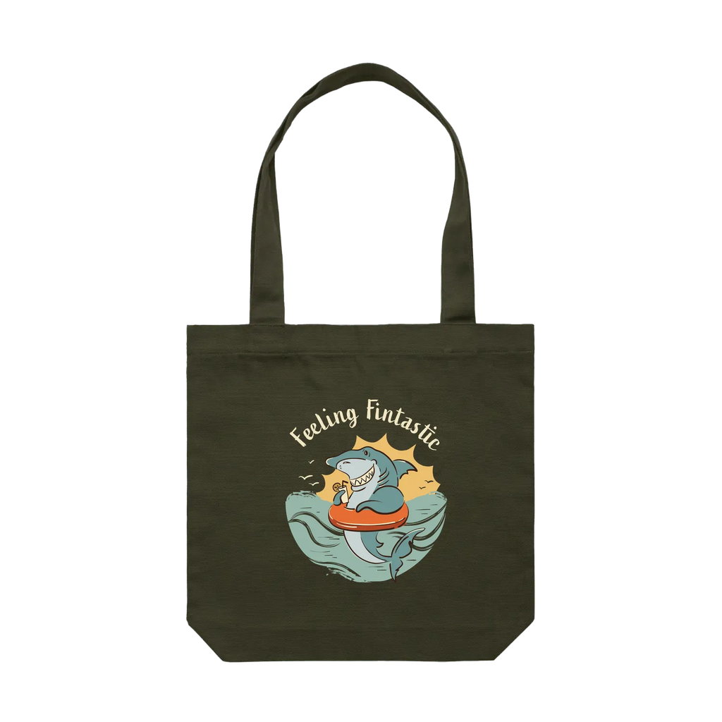 Feeling Fintastic Shark Tote Bag in army featuring a fun Australian shark illustration on a reusable cotton shoulder tote bag