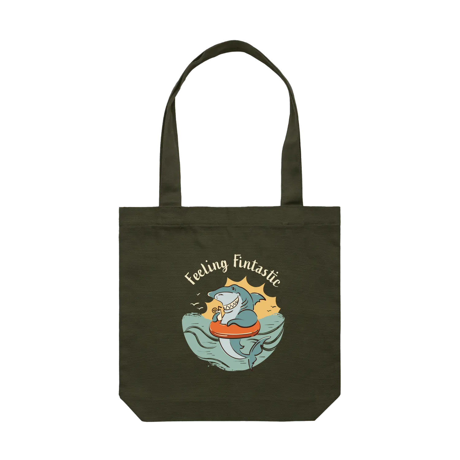 Feeling Fintastic Shark Tote Bag in army featuring a fun Australian shark illustration on a reusable cotton shoulder tote bag