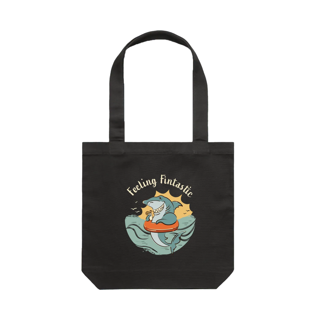 Feeling Fintastic Shark Tote Bag in coal featuring a fun Australian shark illustration on a reusable cotton shoulder tote bag