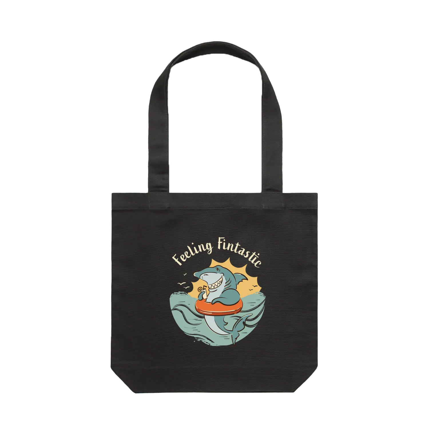 Feeling Fintastic Shark Tote Bag in coal featuring a fun Australian shark illustration on a reusable cotton shoulder tote bag