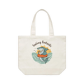 Funny shark tote bag with hand-drawn shark sipping a cocktail in the water