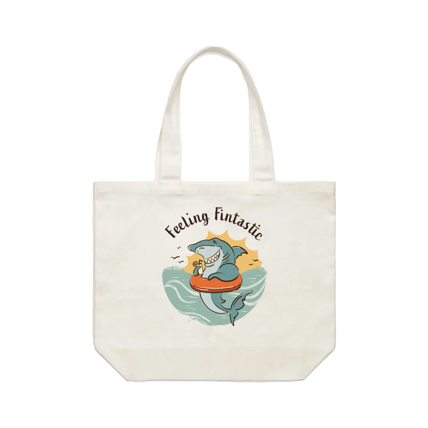 Funny shark tote bag with hand-drawn shark sipping a cocktail in the water
