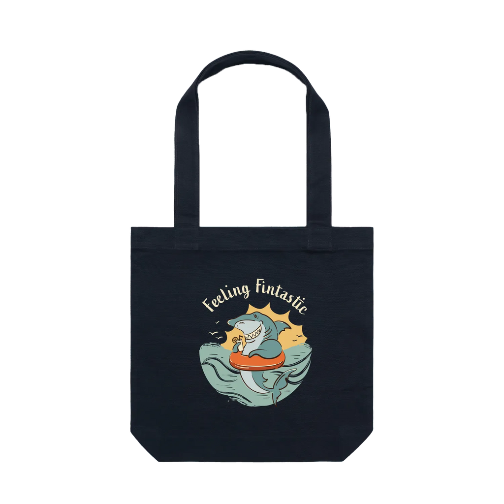Feeling Fintastic Shark Tote Bag in navy featuring a fun Australian shark illustration on a reusable cotton shoulder tote bag