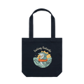 Feeling Fintastic Shark Tote Bag in navy featuring a fun Australian shark illustration on a reusable cotton shoulder tote bag