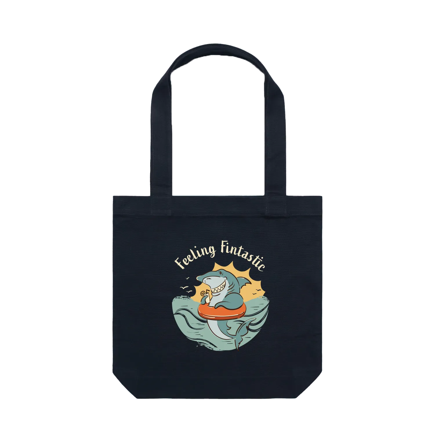 Feeling Fintastic Shark Tote Bag in navy featuring a fun Australian shark illustration on a reusable cotton shoulder tote bag