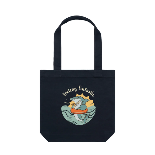Feeling Fintastic Shark Tote Bag in navy featuring a fun Australian shark illustration on a reusable cotton shoulder tote bag