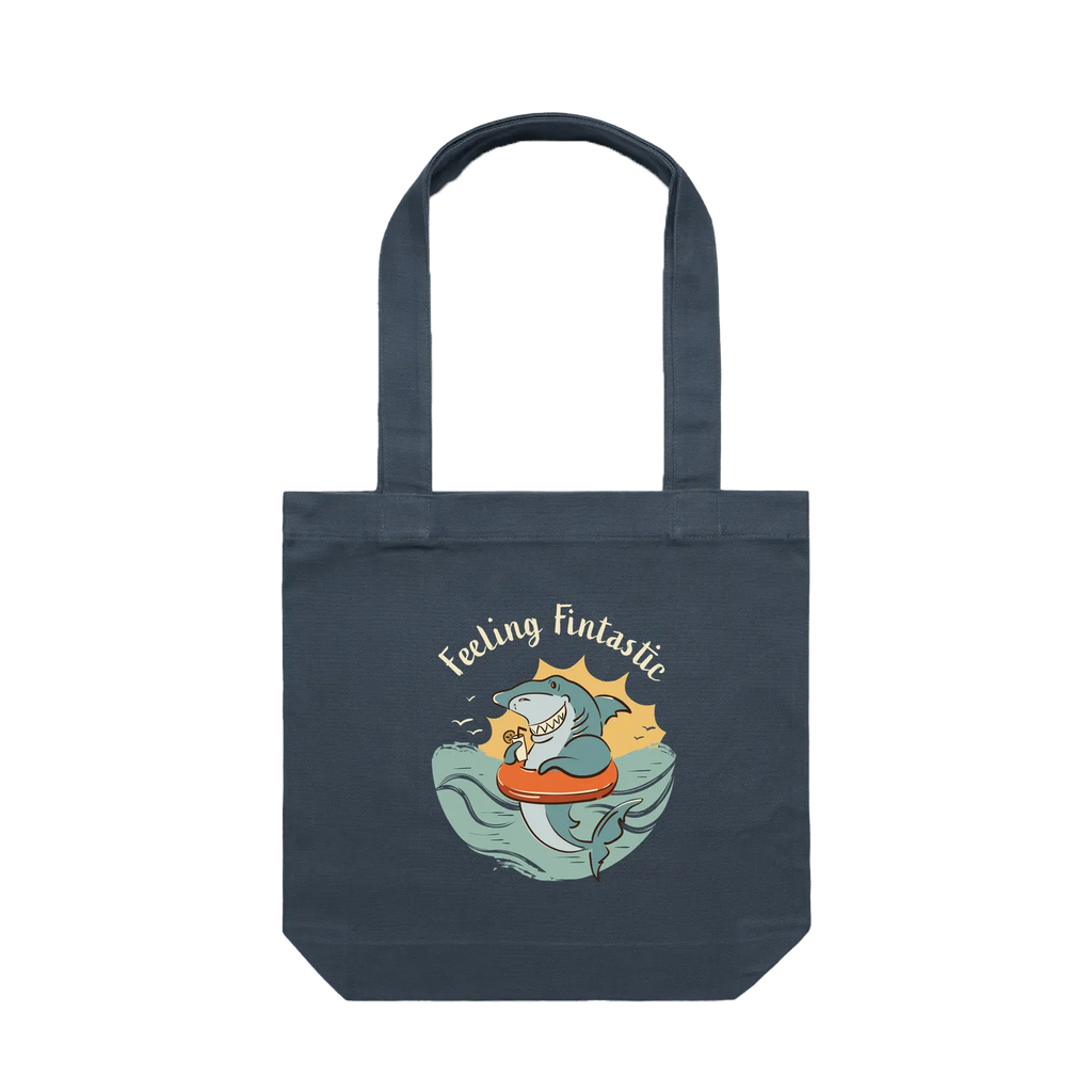 Feeling Fintastic Shark Tote Bag in petrol blue featuring a fun Australian shark illustration on a reusable cotton shoulder tote bag