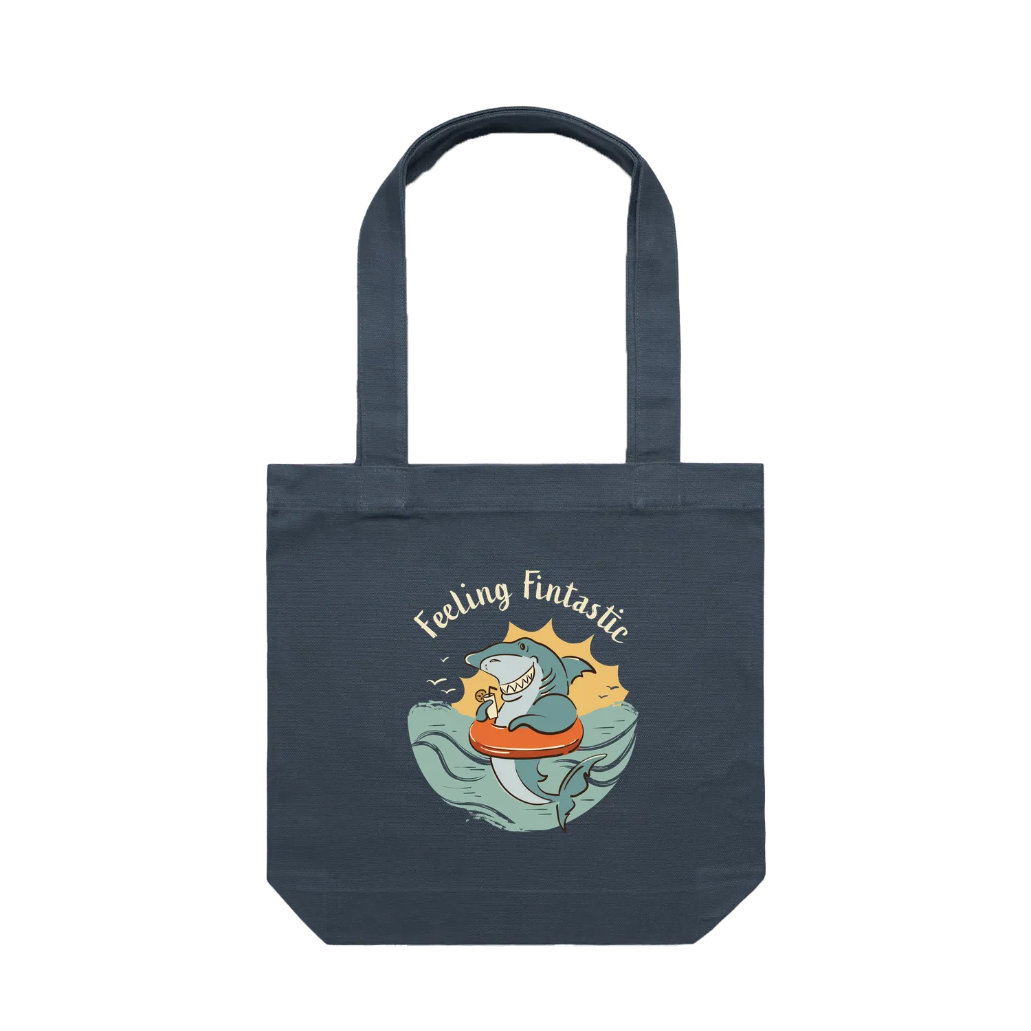Feeling Fintastic Shark Tote Bag in petrol blue featuring a fun Australian shark illustration on a reusable cotton shoulder tote bag