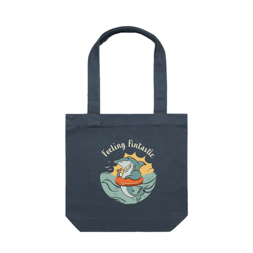 Feeling Fintastic Shark Tote Bag in petrol blue featuring a fun Australian shark illustration on a reusable cotton shoulder tote bag