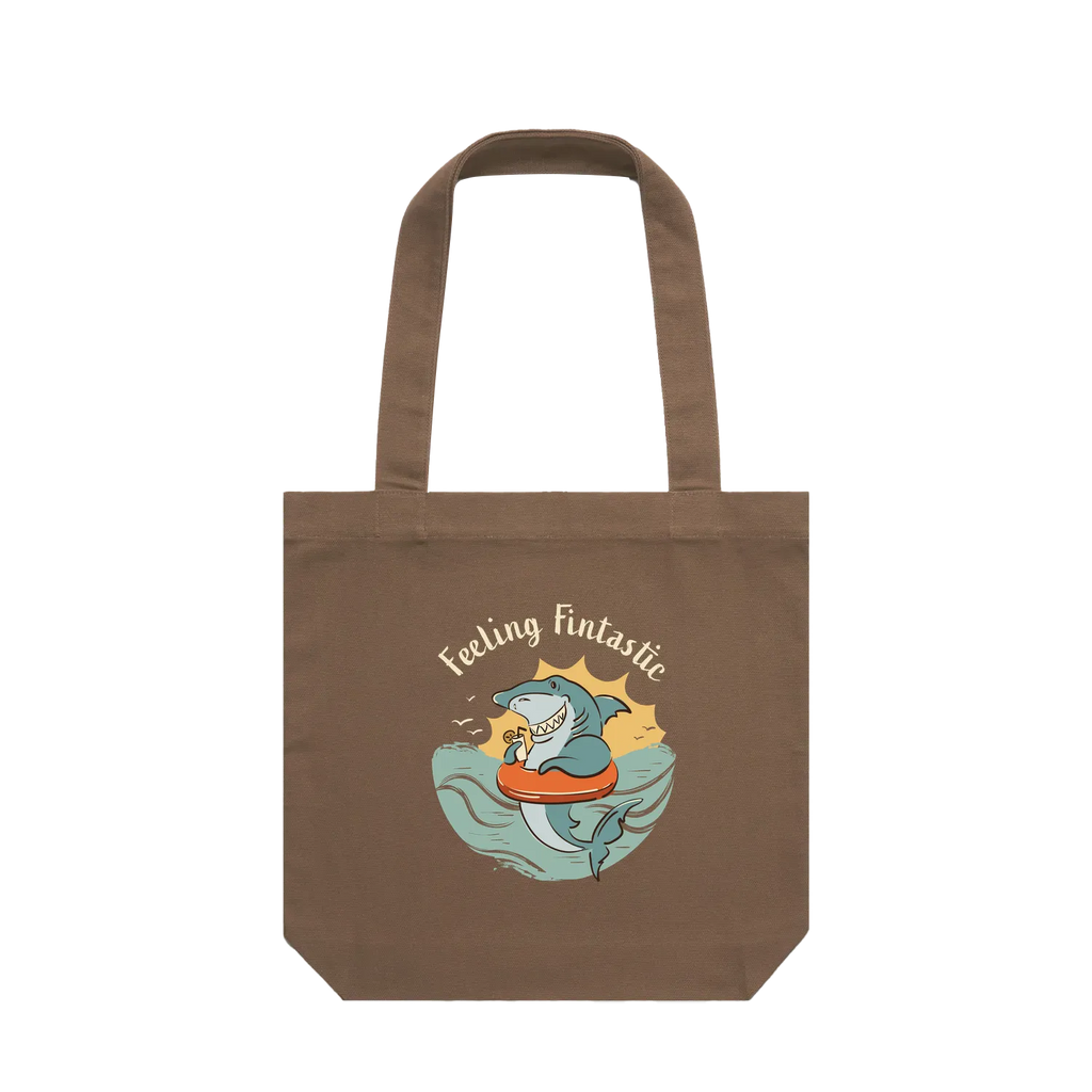 Feeling Fintastic Shark Tote Bag in walnut featuring a fun Australian shark illustration on a reusable cotton shoulder tote bag