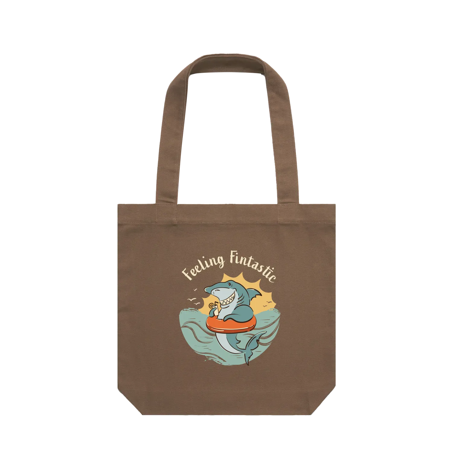 Feeling Fintastic Shark Tote Bag in walnut featuring a fun Australian shark illustration on a reusable cotton shoulder tote bag