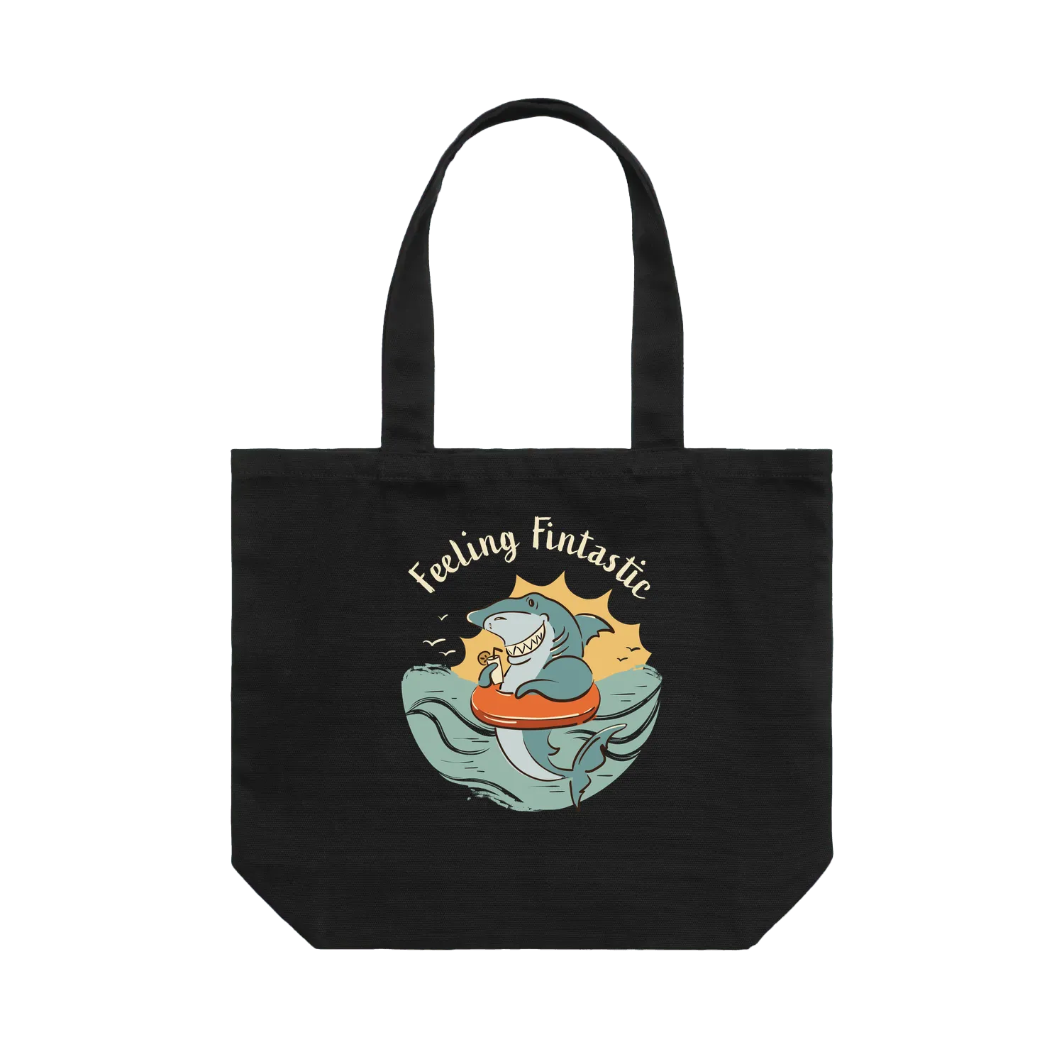 Funny shark tote bag with hand-drawn shark sipping a cocktail in the water