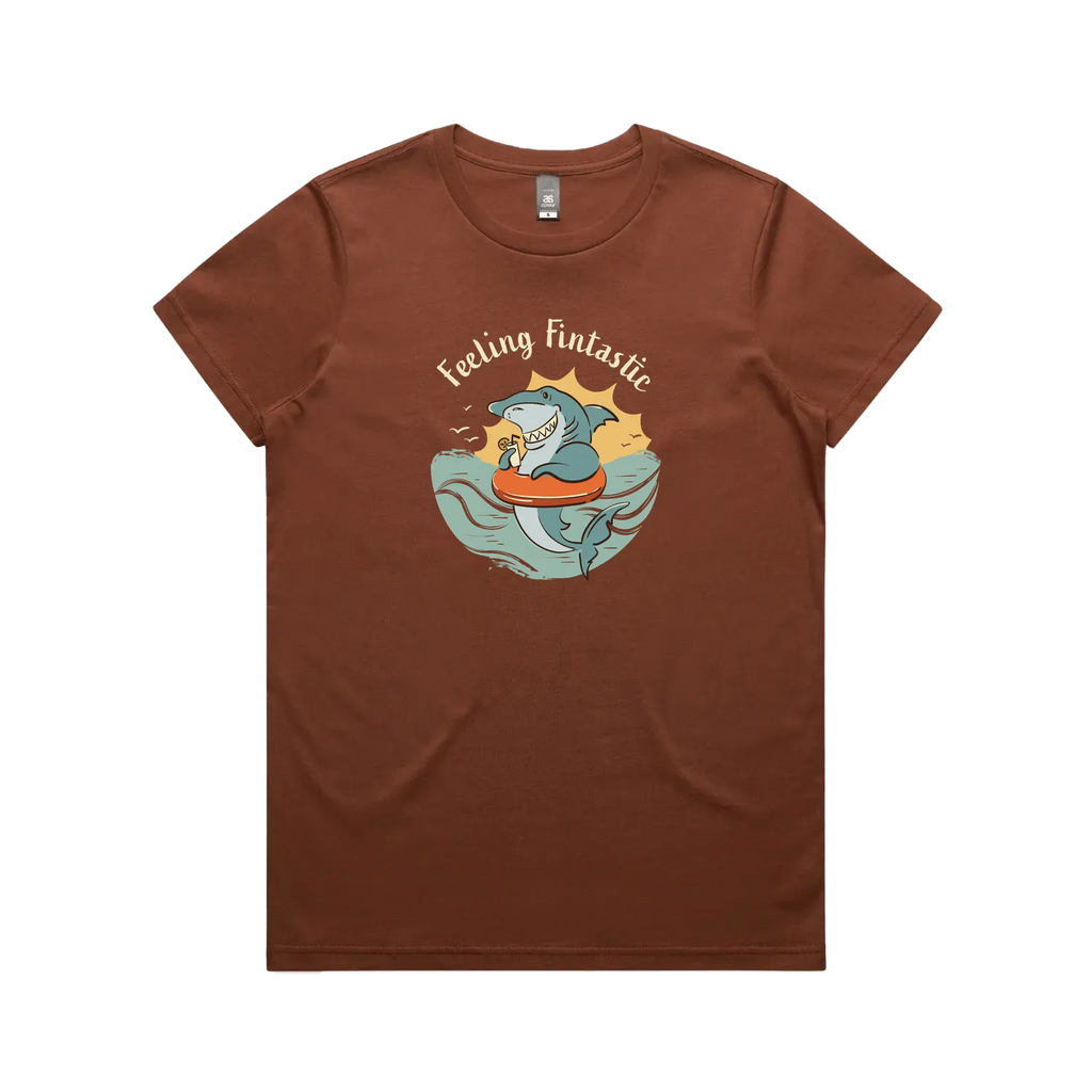 Funny women’s t-shirt with hand-drawn shark design feeling fintastic