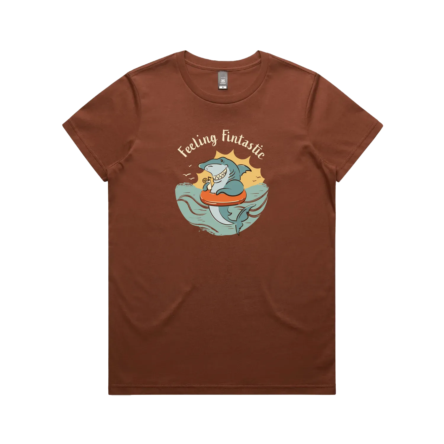 Funny women’s t-shirt with hand-drawn shark design feeling fintastic