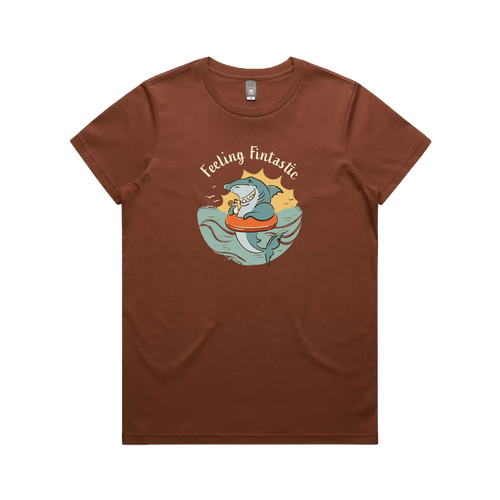 Funny women’s t-shirt with hand-drawn shark design feeling fintastic