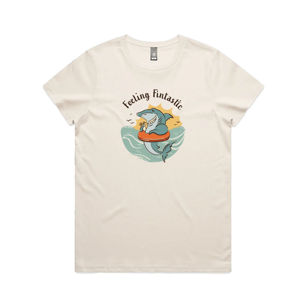 Funny women’s t-shirt with hand-drawn shark design feeling fintastic
