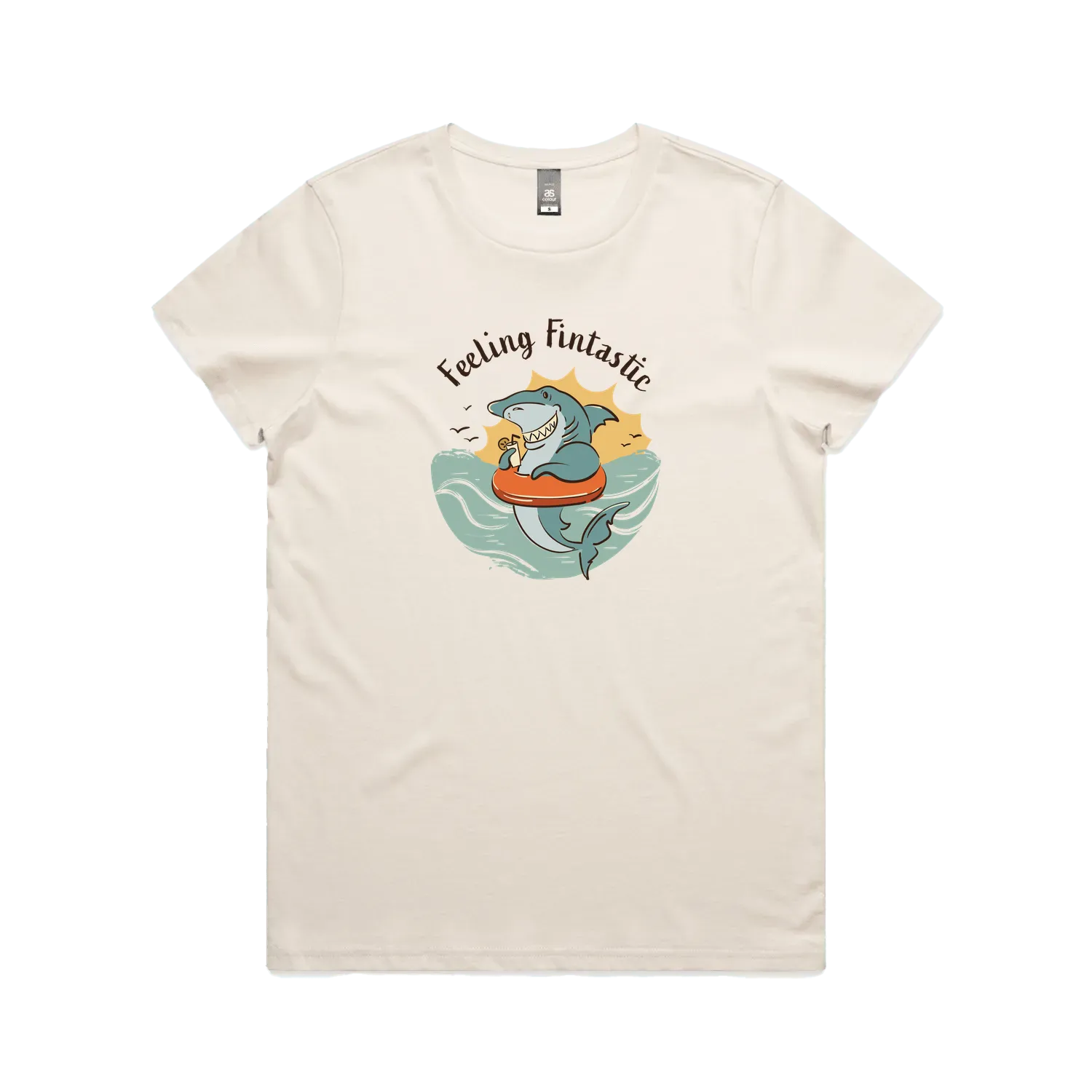Funny women’s t-shirt with hand-drawn shark design feeling fintastic