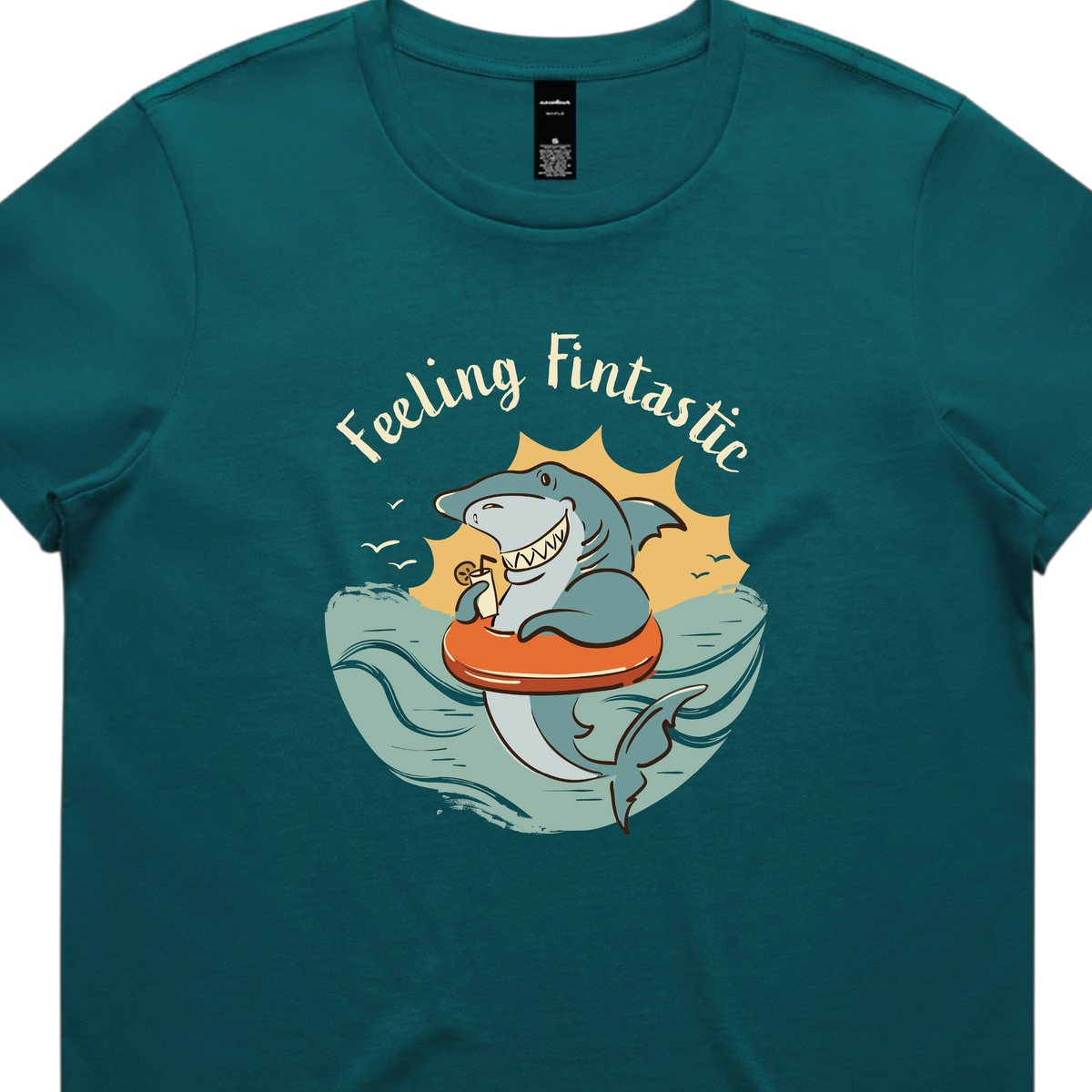 Funny women’s t-shirt with hand-drawn shark design feeling fintastic