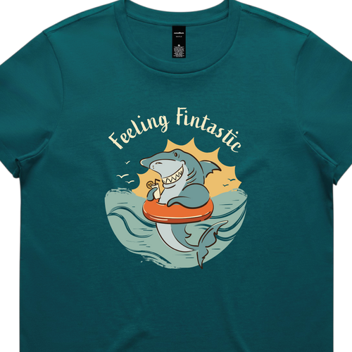 Funny women’s t-shirt with hand-drawn shark design feeling fintastic