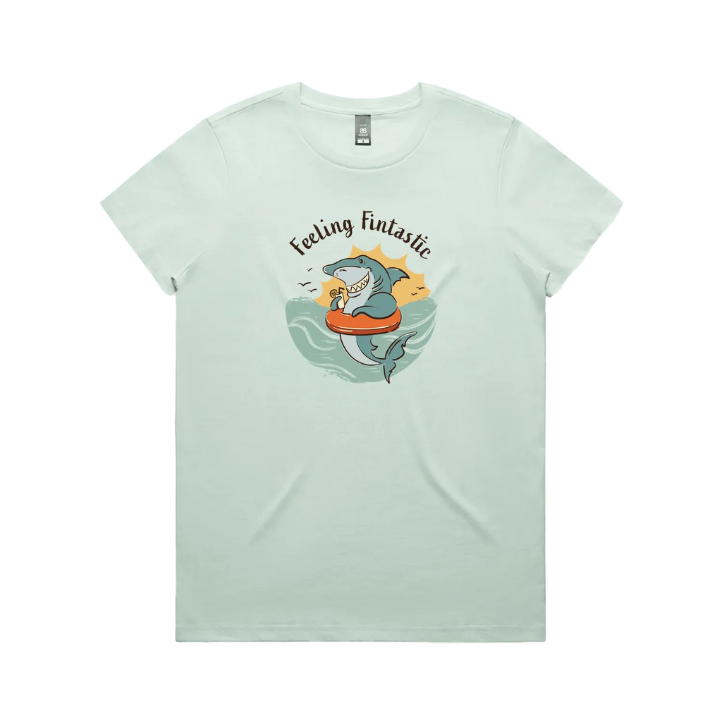 Funny women’s  seafoam t-shirt with hand-drawn shark design feeling fintastic
