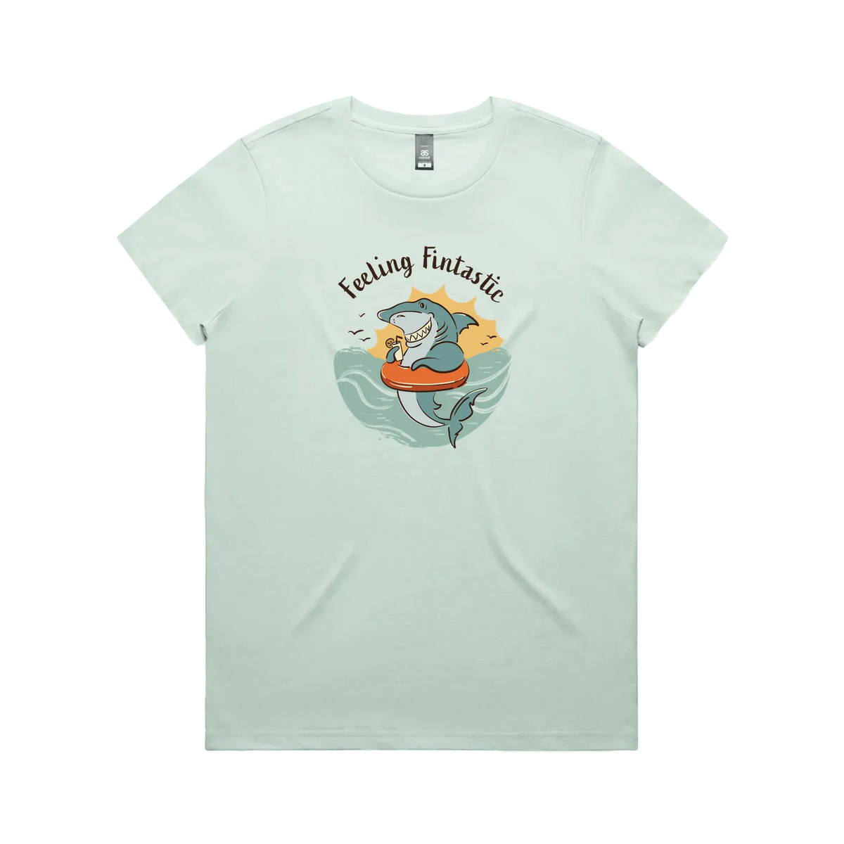 Funny women’s  seafoam t-shirt with hand-drawn shark design feeling fintastic