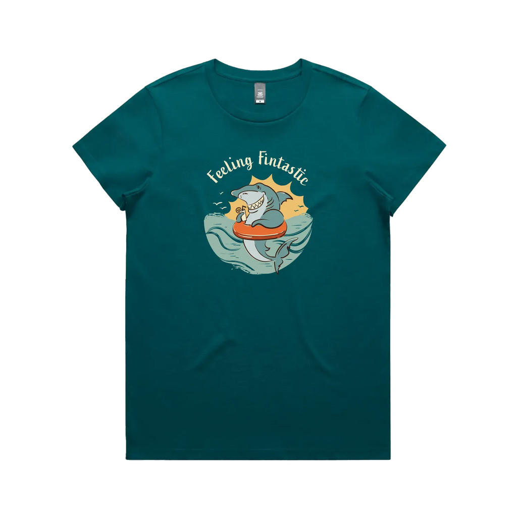 Funny women’s t-shirt with hand-drawn shark design feeling fintastic