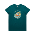 Funny women’s t-shirt with hand-drawn shark design feeling fintastic