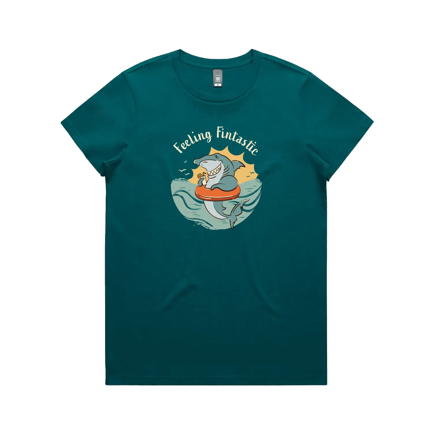 Funny women’s t-shirt with hand-drawn shark design feeling fintastic