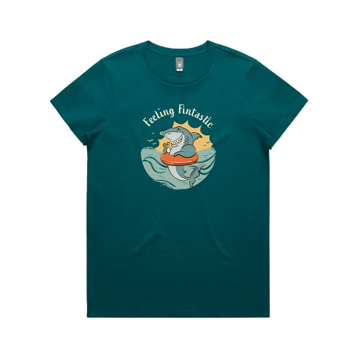Funny women’s t-shirt with hand-drawn shark design feeling fintastic
