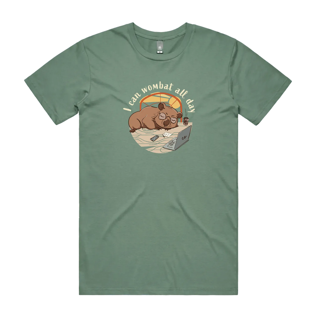 Funny Australian men's sage t-shirt with hand drawn wombat design