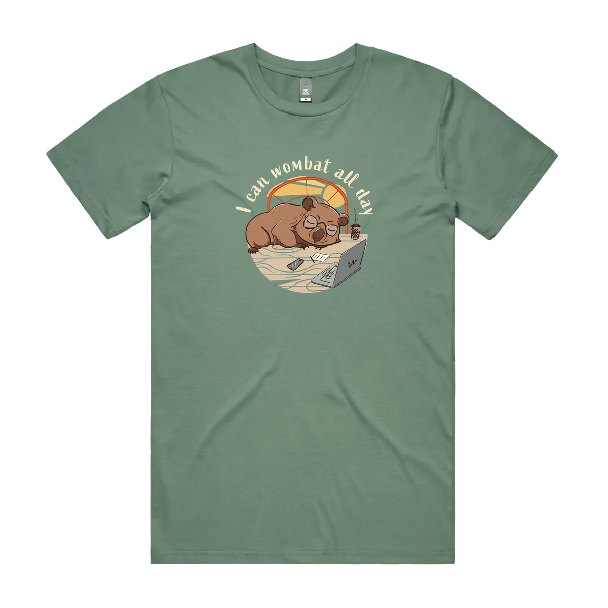 Funny Australian men's sage t-shirt with hand drawn wombat design