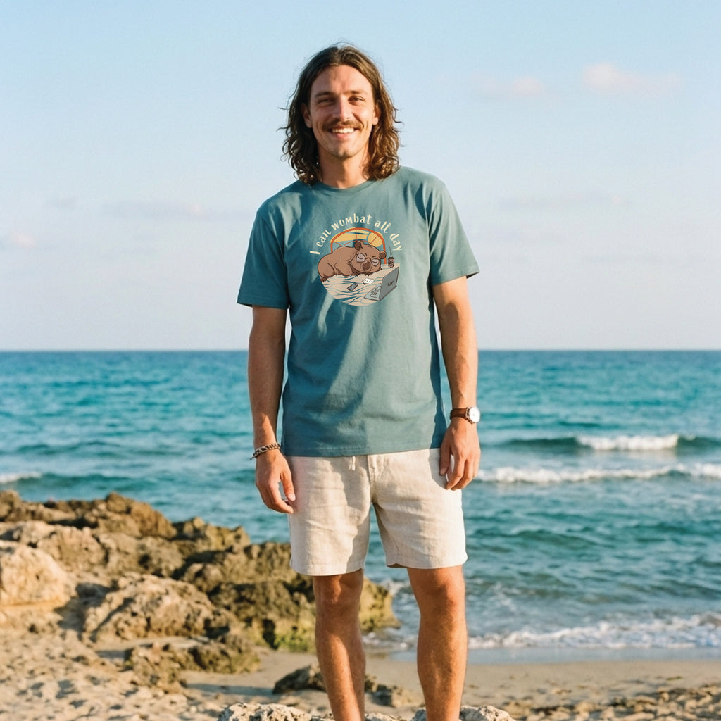 Man wearing a funny wombat t-shirt with hand-drawn I Can Wombat All Day design in slate blue